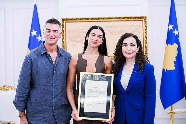 Dua Lipa cosies up to fiancé Callum Turner as she parties the night away at Sunny Hill Festival to celebrate being granted her Kosovo citizenship